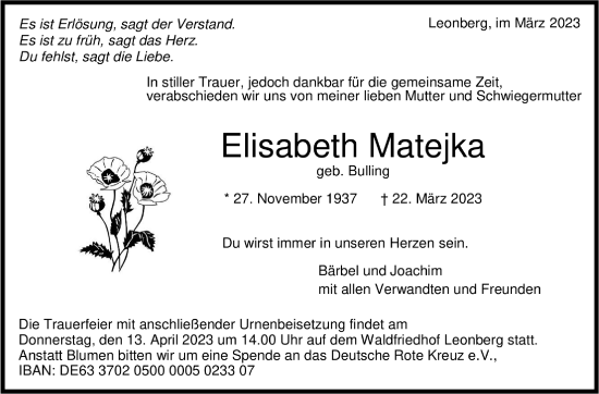 Traueranzeige von Elisabeth Matejka von Leonberger Kreiszeitung / Strohgäu Extra