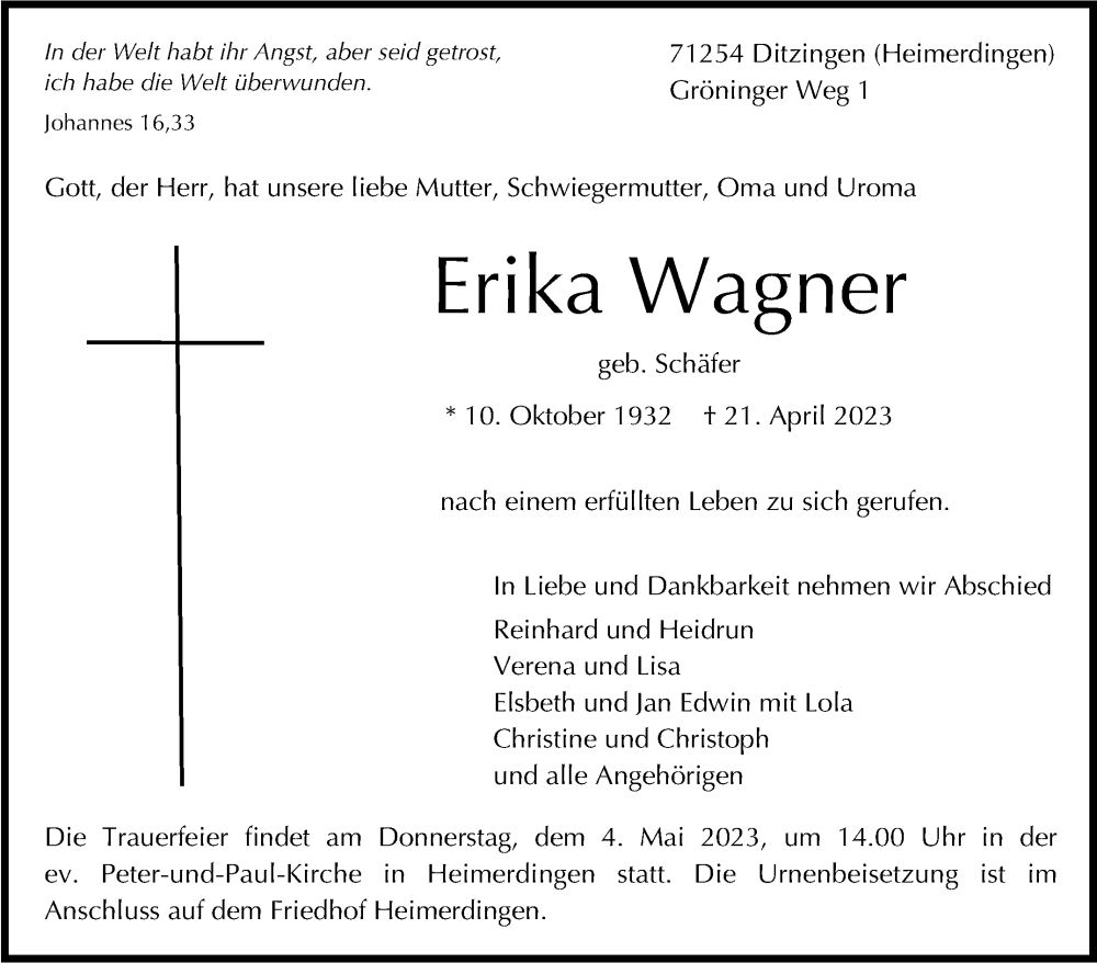  Traueranzeige für Erika Wagner vom 27.04.2023 aus Leonberger Kreiszeitung / Strohgäu Extra