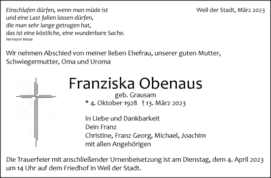 Traueranzeige von Franziska Obenaus von Leonberger Kreiszeitung / Strohgäu Extra