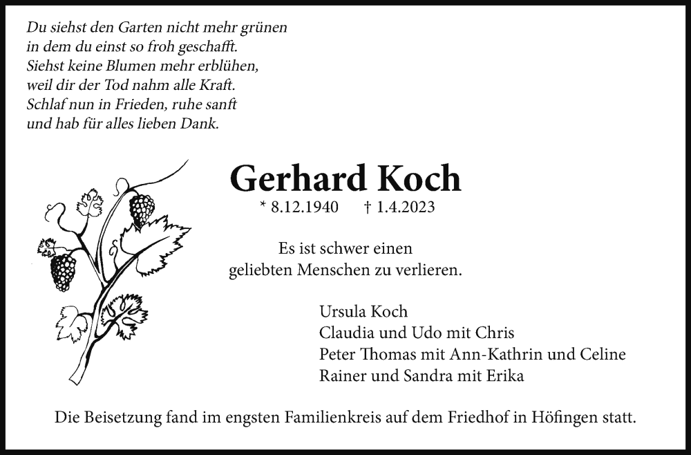  Traueranzeige für Gerhard Koch vom 17.04.2023 aus Leonberger Kreiszeitung / Strohgäu Extra