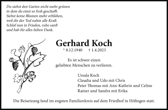 Traueranzeige von Gerhard Koch von Leonberger Kreiszeitung / Strohgäu Extra