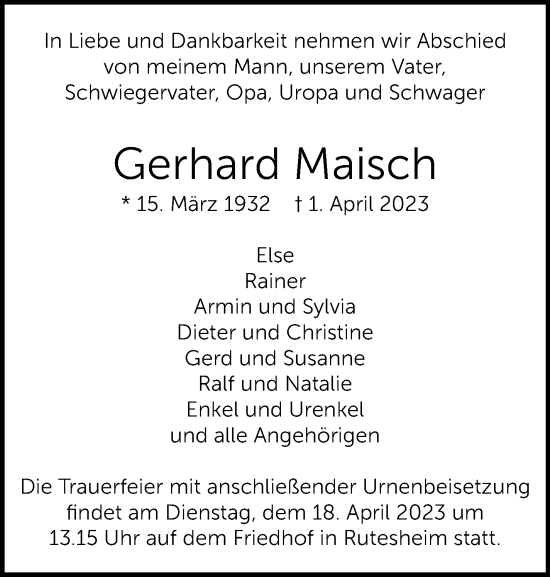 Traueranzeige von Gerhard Maisch von Leonberger Kreiszeitung / Strohgäu Extra