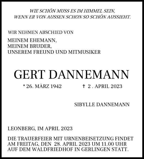Traueranzeige von Gert Dannemann von Leonberger Kreiszeitung / Strohgäu Extra