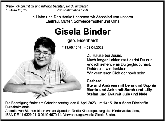 Traueranzeige von Gisela Binder von Leonberger Kreiszeitung / Strohgäu Extra