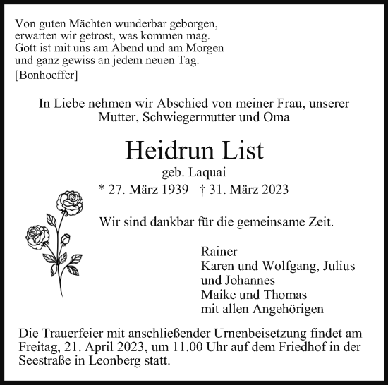 Traueranzeige von Heidrun List von Leonberger Kreiszeitung / Strohgäu Extra