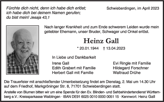 Traueranzeige von Heinz Gall von Leonberger Kreiszeitung / Strohgäu Extra