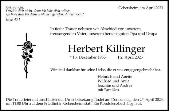 Traueranzeige von Herbert Killinger von Leonberger Kreiszeitung / Strohgäu Extra