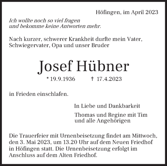 Traueranzeige von Josef Hübner von Leonberger Kreiszeitung / Strohgäu Extra