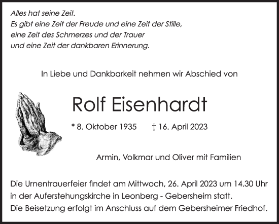 Traueranzeige von Rolf Eisenhardt von Leonberger Kreiszeitung / Strohgäu Extra