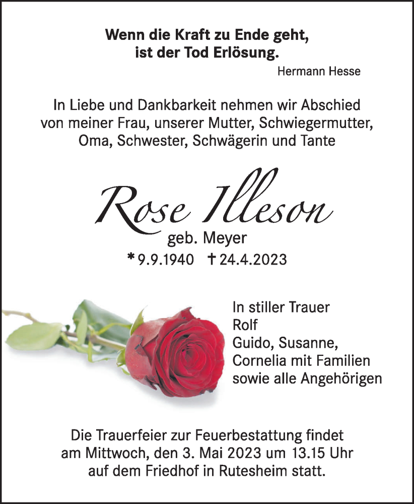  Traueranzeige für Rose Illeson vom 27.04.2023 aus Leonberger Kreiszeitung / Strohgäu Extra