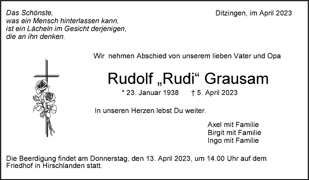  Traueranzeige für Rudolf Grausam vom 12.04.2023 aus Leonberger Kreiszeitung / Strohgäu Extra