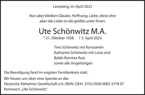 Traueranzeige von Ute Schönwitz von Leonberger Kreiszeitung / Strohgäu Extra