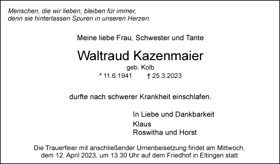 Traueranzeige von Waltraud Kazenmaier von Leonberger Kreiszeitung / Strohgäu Extra