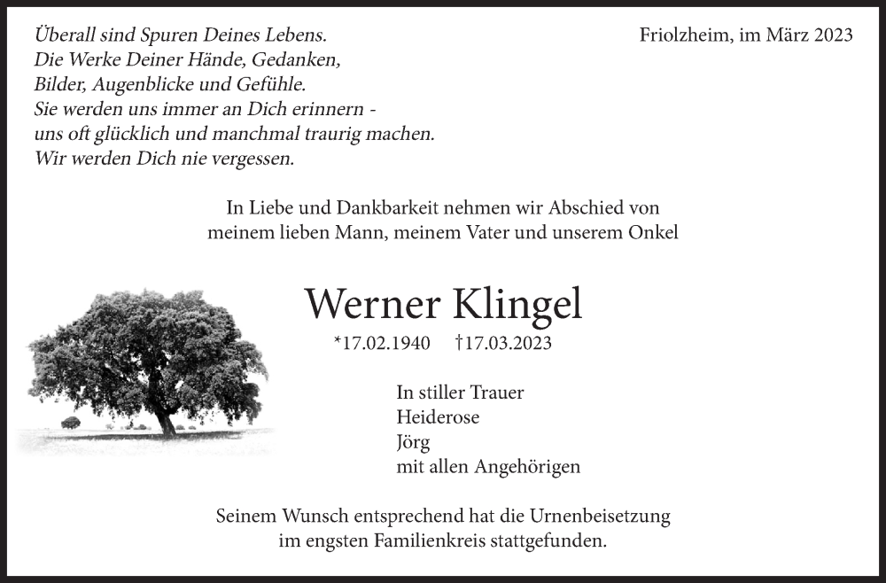 Traueranzeige für Werner Klingel vom 01.04.2023 aus Leonberger Kreiszeitung / Strohgäu Extra