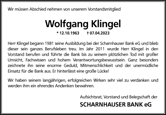 Traueranzeige von Wolfgang Klingel von Leonberger Kreiszeitung / Strohgäu Extra