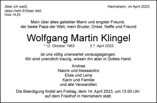 Traueranzeige von Wolfgang Martin Klingel von Leonberger Kreiszeitung / Strohgäu Extra