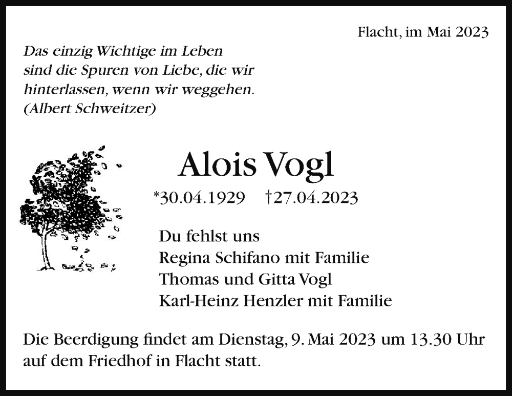  Traueranzeige für Alois Vogl vom 05.05.2023 aus Leonberger Kreiszeitung / Strohgäu Extra