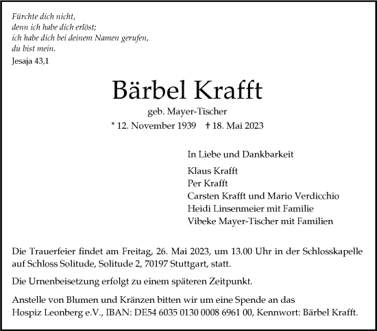Traueranzeige von Bärbel Krafft von Leonberger Kreiszeitung / Strohgäu Extra