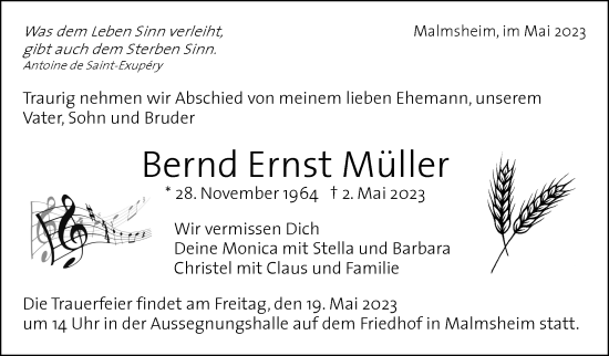 Traueranzeige von Bernd Ernst Müller von Leonberger Kreiszeitung / Strohgäu Extra