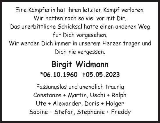 Traueranzeige von Birgit Widmann von Leonberger Kreiszeitung / Strohgäu Extra