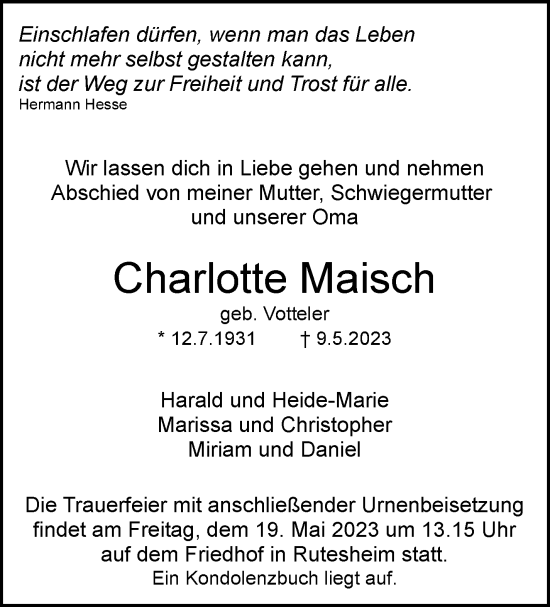 Traueranzeige von Charlotte Maisch von Leonberger Kreiszeitung / Strohgäu Extra