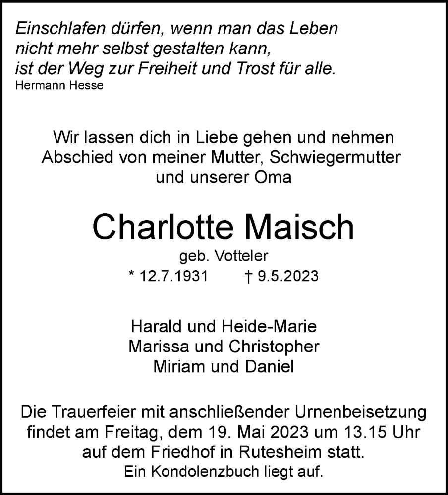  Traueranzeige für Charlotte Maisch vom 15.05.2023 aus Leonberger Kreiszeitung / Strohgäu Extra