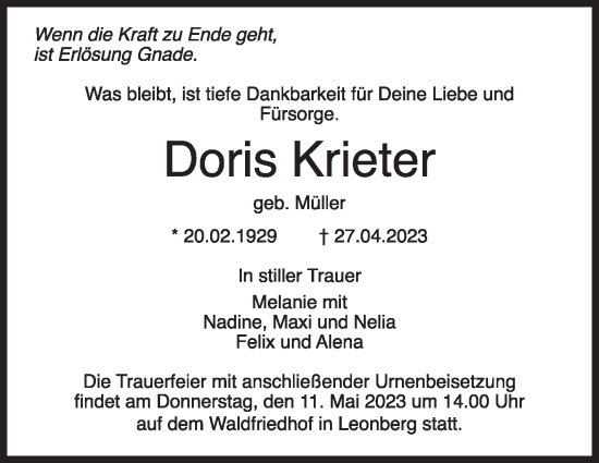 Traueranzeige von Doris Krieter von Leonberger Kreiszeitung / Strohgäu Extra
