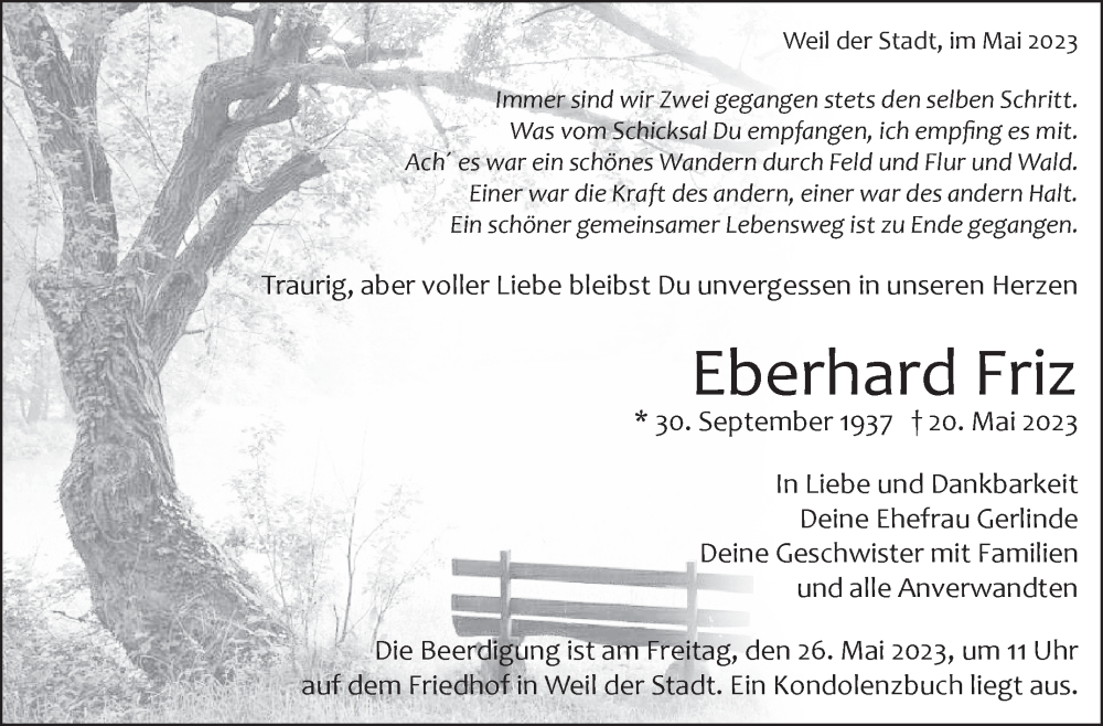  Traueranzeige für Eberhard Friz vom 25.05.2023 aus Leonberger Kreiszeitung / Strohgäu Extra