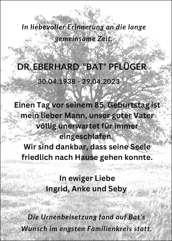 Traueranzeige von Eberhard Pflüger von Leonberger Kreiszeitung / Strohgäu Extra