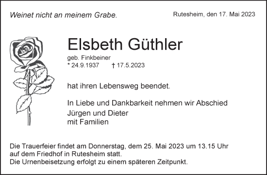 Traueranzeige von Elsbeth Güthler von Leonberger Kreiszeitung / Strohgäu Extra