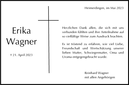 Traueranzeige von Erika Wagner von Leonberger Kreiszeitung / Strohgäu Extra