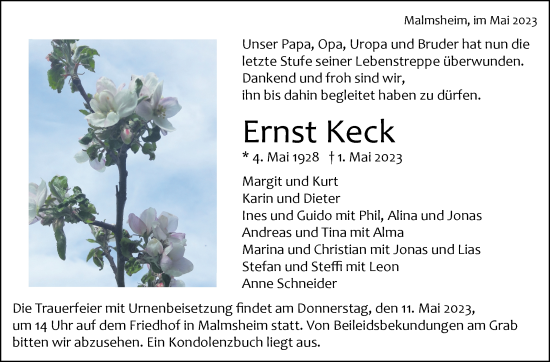 Traueranzeige von Ernst Keck von Leonberger Kreiszeitung / Strohgäu Extra