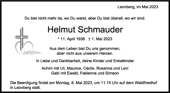 Traueranzeige von Helmut Schmauder von Leonberger Kreiszeitung / Strohgäu Extra