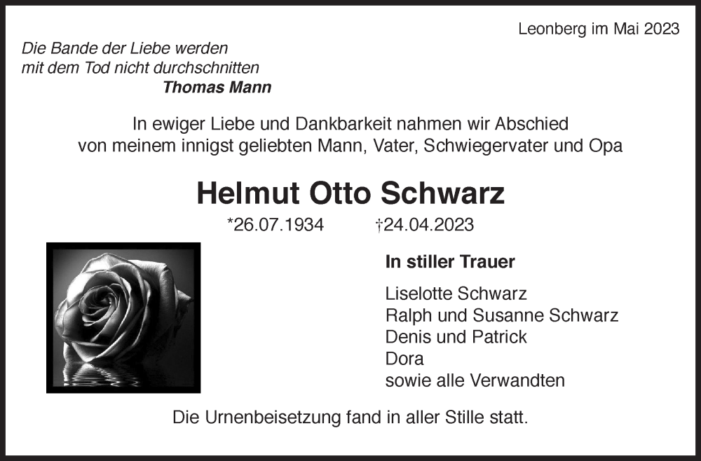  Traueranzeige für Helmut Otto Schwarz vom 15.05.2023 aus Leonberger Kreiszeitung / Strohgäu Extra