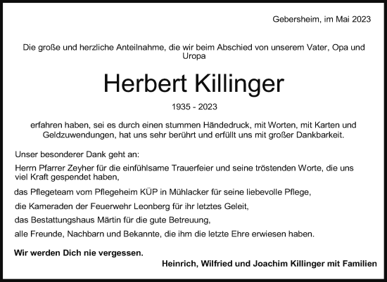 Traueranzeige von Herbert Killinger von Leonberger Kreiszeitung / Strohgäu Extra
