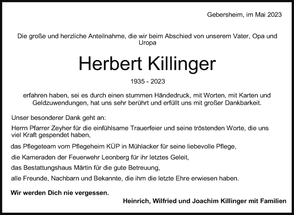  Traueranzeige für Herbert Killinger vom 06.05.2023 aus Leonberger Kreiszeitung / Strohgäu Extra