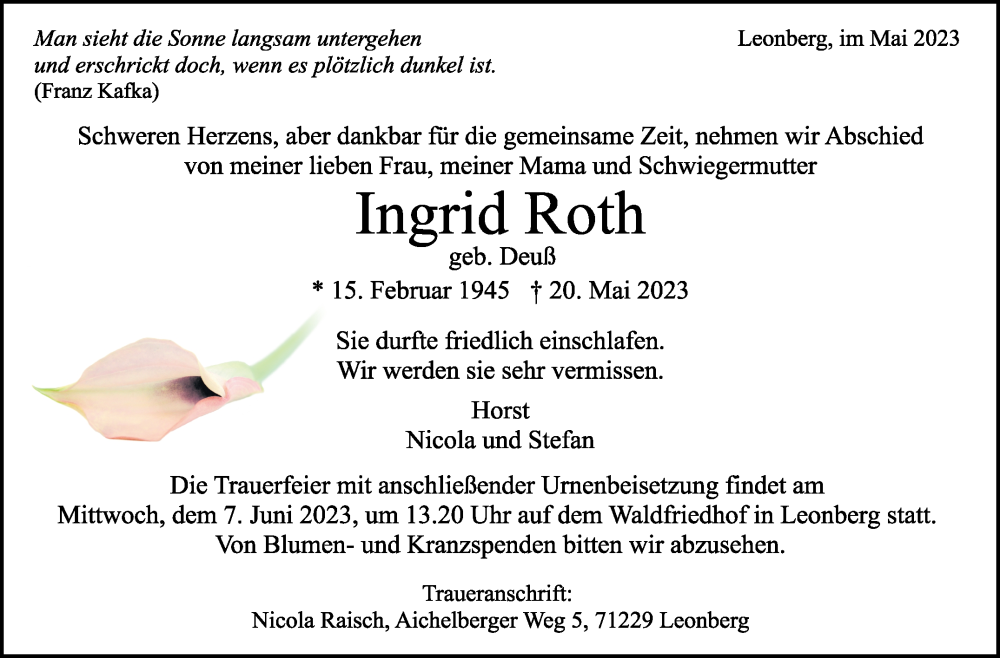  Traueranzeige für Ingrid Roth vom 30.05.2023 aus Leonberger Kreiszeitung / Strohgäu Extra