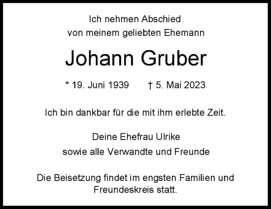 Traueranzeige von Johann Gruber von Leonberger Kreiszeitung / Strohgäu Extra