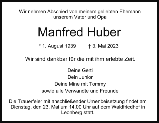 Traueranzeige von Manfred Huber von Leonberger Kreiszeitung / Strohgäu Extra