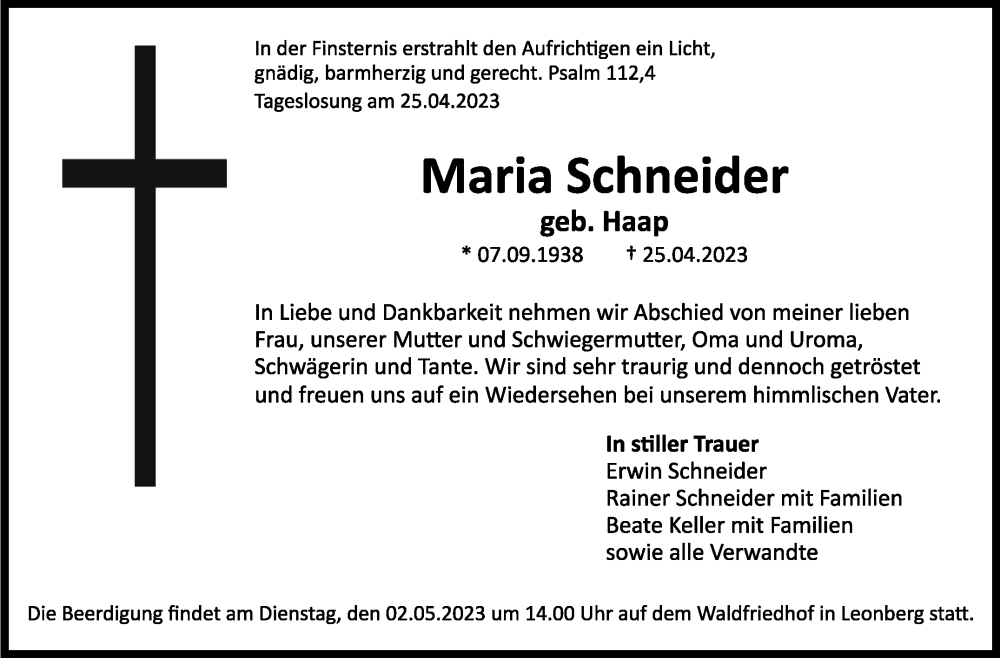  Traueranzeige für Maria Schneider vom 29.04.2023 aus Leonberger Kreiszeitung / Strohgäu Extra