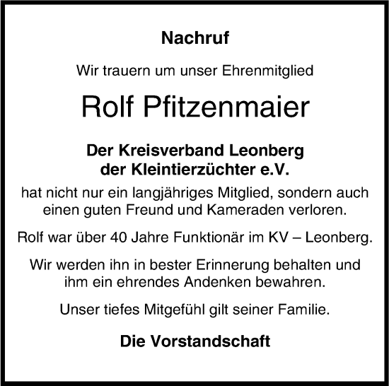 Traueranzeige von Rolf Pfitzenmaier von Leonberger Kreiszeitung / Strohgäu Extra