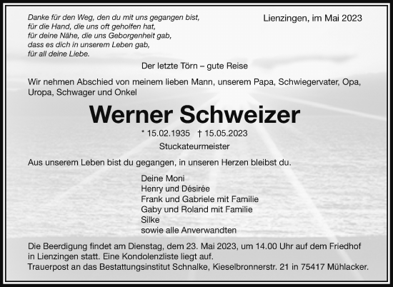 Traueranzeige von Werner Schweizer von Leonberger Kreiszeitung / Strohgäu Extra