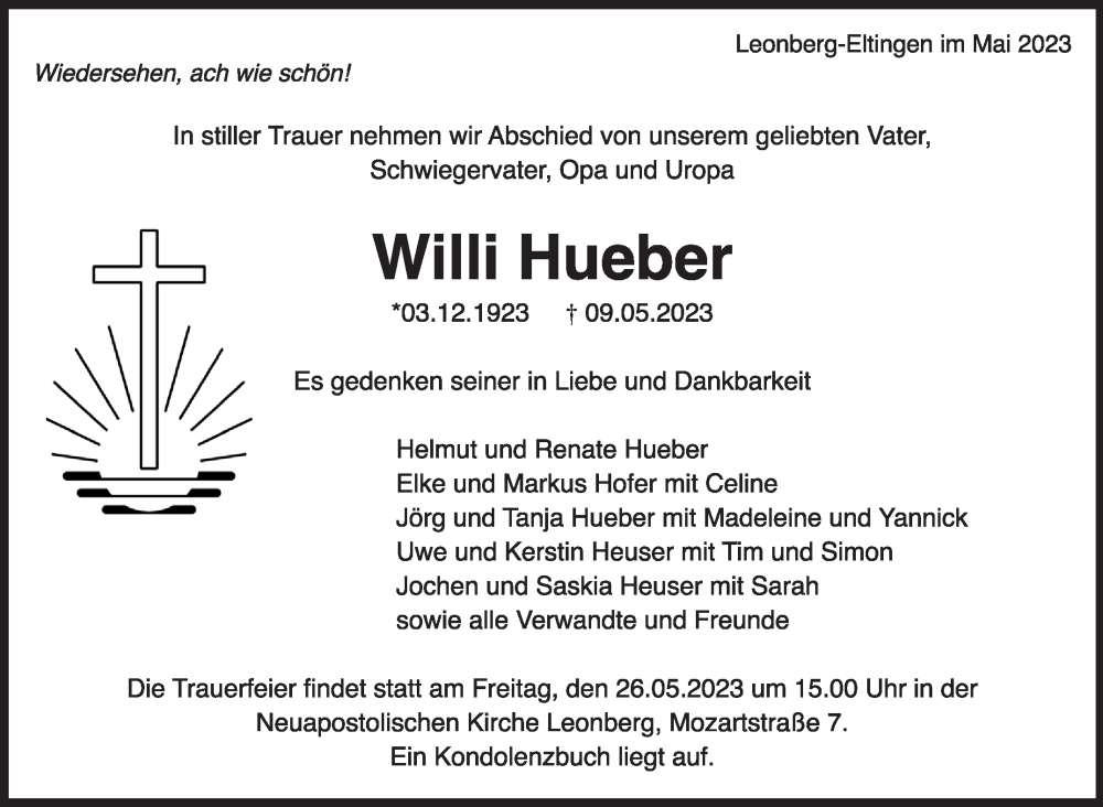  Traueranzeige für Willi Hueber vom 13.05.2023 aus Leonberger Kreiszeitung / Strohgäu Extra