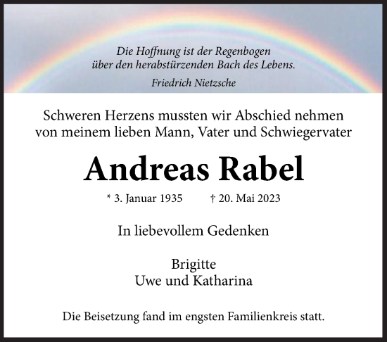 Traueranzeige von Andreas Rabel von Leonberger Kreiszeitung / Strohgäu Extra