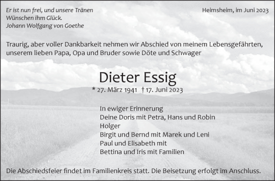 Traueranzeige von Dieter Essig von Leonberger Kreiszeitung / Strohgäu Extra