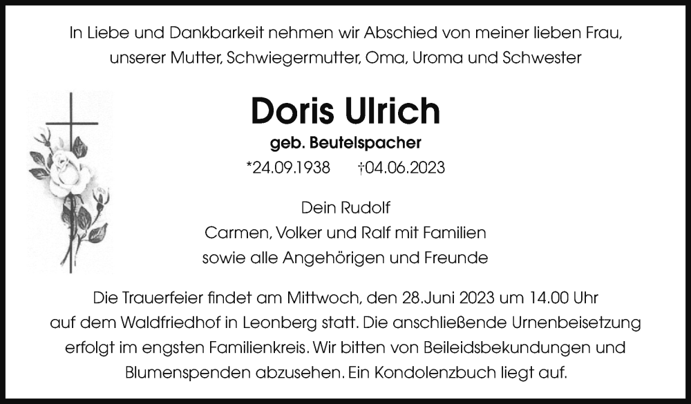  Traueranzeige für Doris Ulrich vom 17.06.2023 aus Leonberger Kreiszeitung / Strohgäu Extra