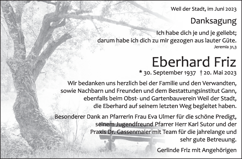  Traueranzeige für Eberhard Friz vom 07.06.2023 aus Leonberger Kreiszeitung / Strohgäu Extra