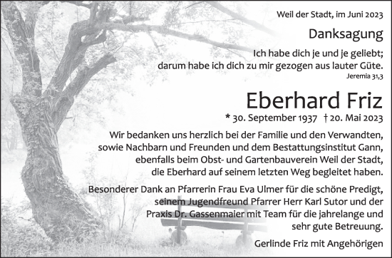 Traueranzeige von Eberhard Friz von Leonberger Kreiszeitung / Strohgäu Extra