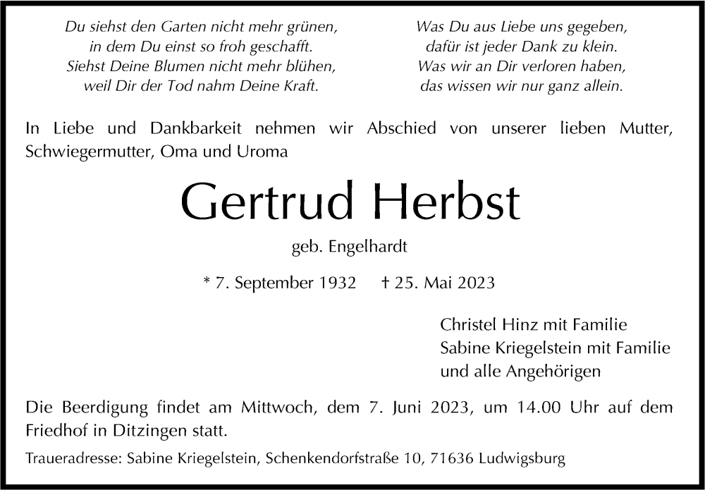  Traueranzeige für Gertrud Herbst vom 03.06.2023 aus Leonberger Kreiszeitung / Strohgäu Extra