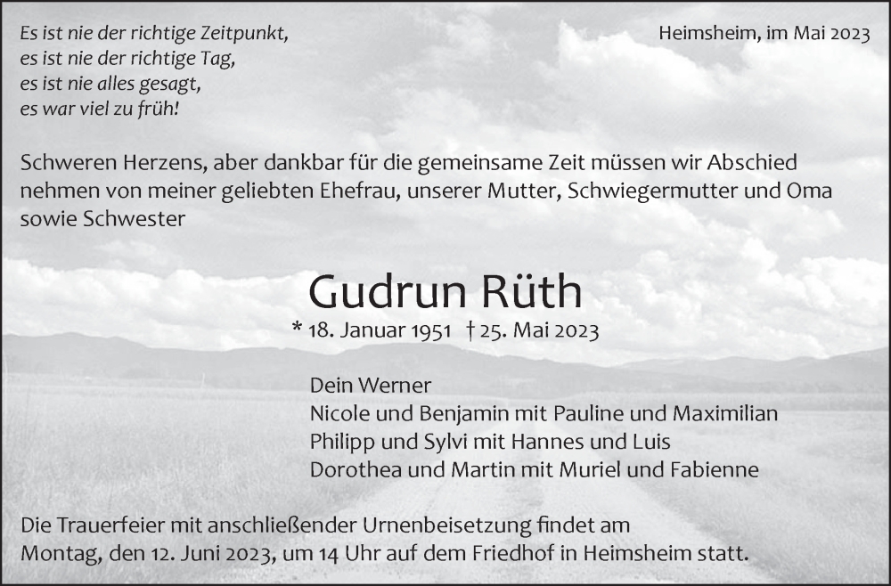 Traueranzeige für Gudrun Rüth vom 07.06.2023 aus Leonberger Kreiszeitung / Strohgäu Extra